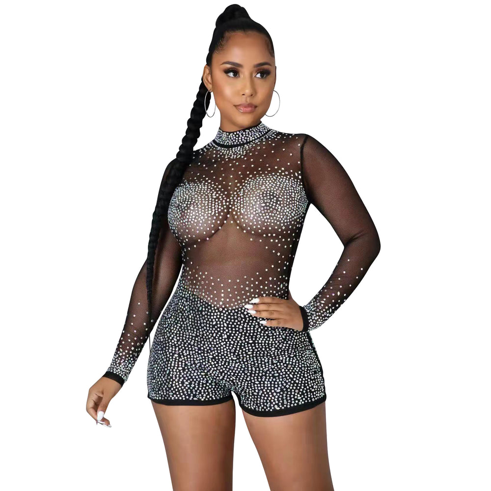 X5165 european and american fashion   sexy round neck long sleeve nightclub party hot diamond see-through jumpsuit