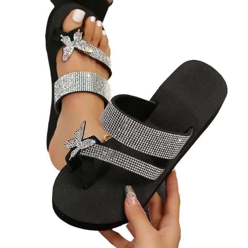 2024 summer new korean style fashion thong sandals chunky sole casual plus size rhinestone butterfly slippers indoor/outdoor