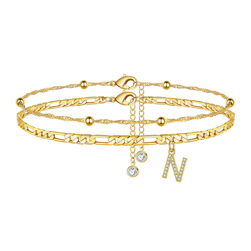 export hot-selling 26-letter anklet, zircon letter anklet, minimalist fashion seed bead cuban double-layer anklet