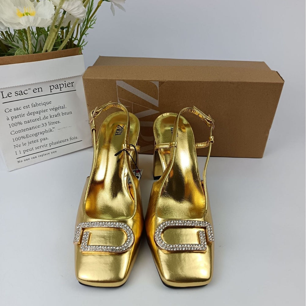 Za2023 autumn new collection: square-toe, g-shaped rhinestone buckle, gold chunky heel, fashionable women's export sandals & high heels