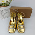 Za2023 autumn new collection: square-toe, g-shaped rhinestone buckle, gold chunky heel, fashionable women's export sandals & high heels