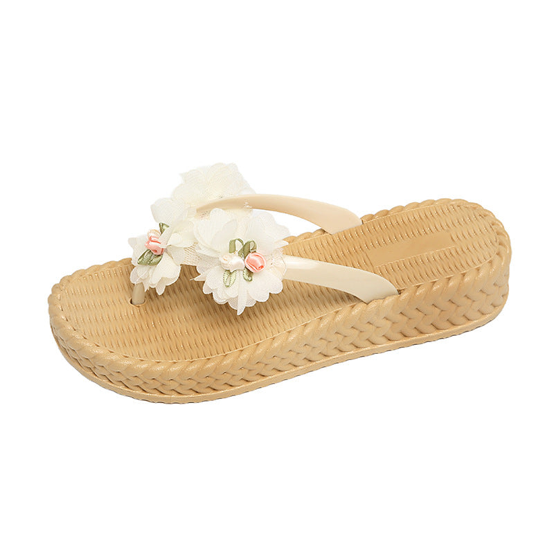 New platform heel 4cm fairy style floral flip-flops - women's summer outdoor anti-slip versatile beach sandals