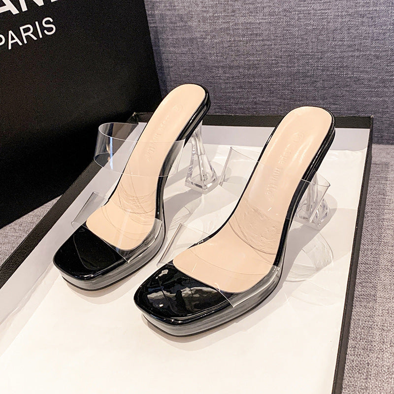 High-heel sandals classy one-strap new arrival transparent high heels thick heel crystal wedding shoes banquet fashion slippers for women