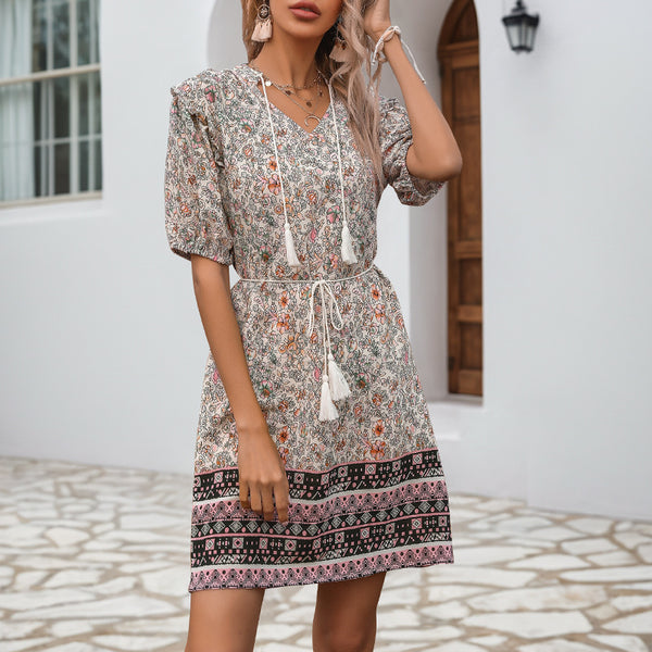 Independent Station Cross-border Foreign Trade European, American Retro Ethnic Style Slim Tassel V-Neck Lace Floral Dress