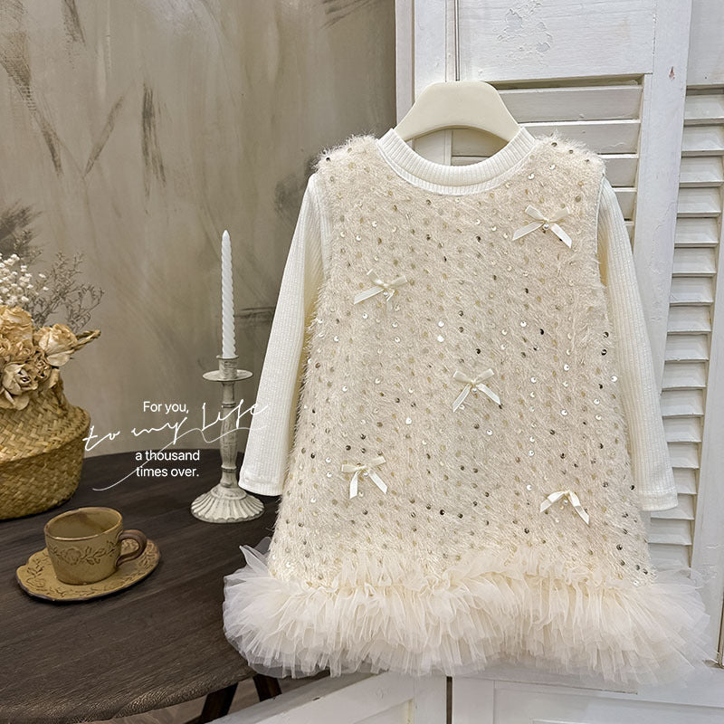 Girls' dress  autumn new collection: chanel-inspired bowknot sequin vest dress set - perfect birthday outfit for baby girls