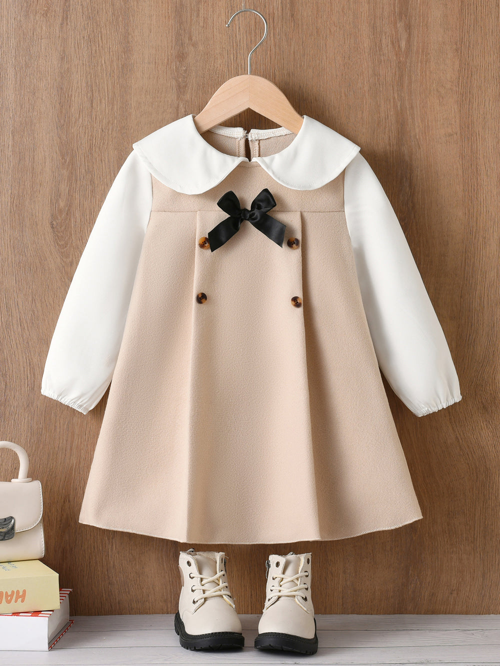 autumn girls' dress - khaki color block, peter pan collar shirt with bow tie, children's princess dress