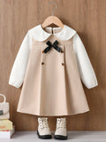 autumn girls' dress - khaki color block, peter pan collar shirt with bow tie, children's princess dress