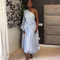 European and american cross-border women's fashion:  autumn new arrival - elegant blue striped one-shoulder long sleeve ruched midi dress