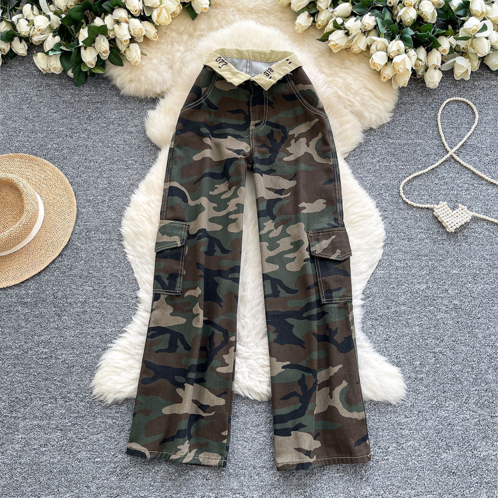 American retro hot girl camo print high-waisted wide-leg pants - women's  autumn workwear-inspired casual denim straight-leg trousers