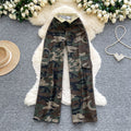 American retro hot girl camo print high-waisted wide-leg pants - women's  autumn workwear-inspired casual denim straight-leg trousers