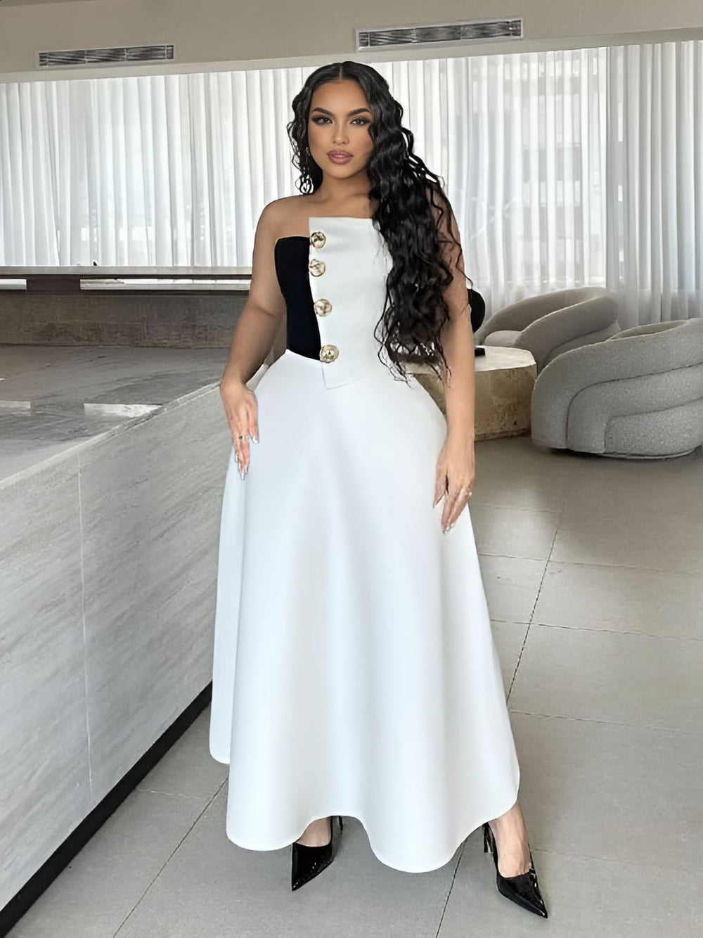 hot-selling fashion color-blocked chest-wrapped tops+high waist a-line skirt elegance light dress two-piece set women's clothing