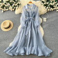 Korean style light luxury long sleeve lantern sleeve mesh dress women's summer tie-waist a-line elegant maxi dress for work