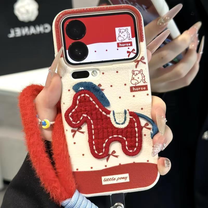Tiktok viral embroidered pony design phone case - apple 17 pro compatible, new year edition, autumn/winter leather, huawei p70 protective cover