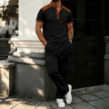 new arrival  autumn  shein style color block patchwork loose fit casual short sleeve and long pants men's set