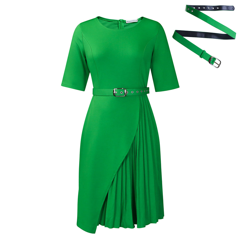 D567export women's clothing fashionpure colorfashioneleganthalf length sleeve high waist pleated work clothinghigh waist cross-border dress