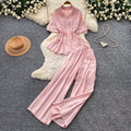 Lazy style pink shirt loose pantstwo-piece set women's summer light and breathable waist tie backfashionableelegantsuit