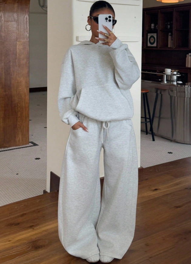 fashion cross-border comfy basics suit pure color dropped shoulder hooded sweatshirt wide-leg casualpants