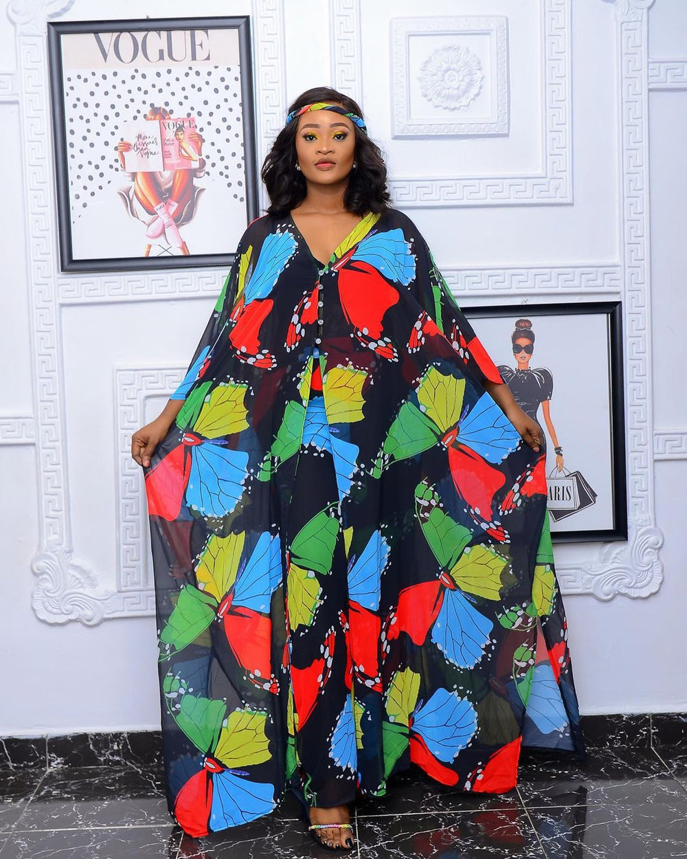 supply: chiffon digital print plus size women's african & european fashion set - robe with loose-fit pants
