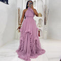 European and american cross-border women's fashion:  spring new arrival - sexy and elegant halter neck high-waisted design purple sleeveless dress