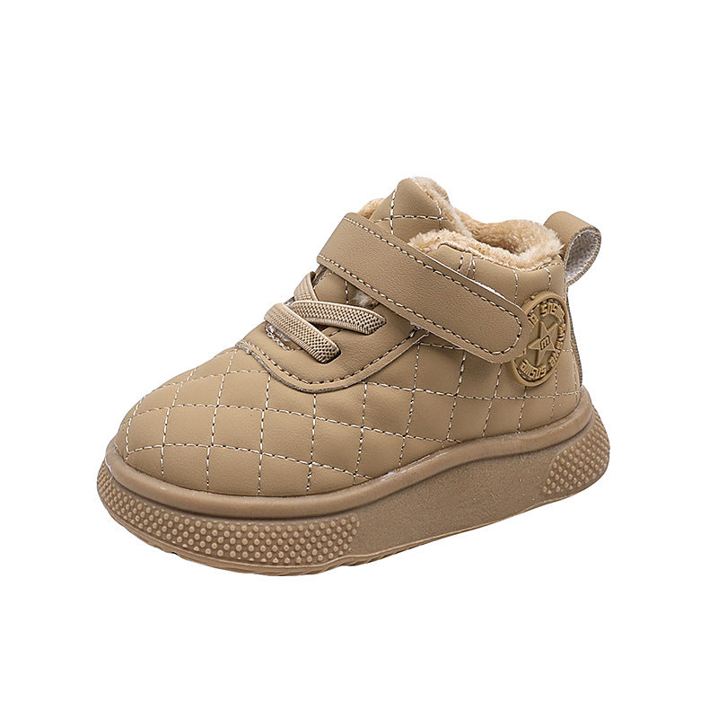 Autumn/winter high-top soft sole non-slip prewalker shoes for baby boys and girls, ages 1-3, fleece-lined, extra thick, warm, double-layer cotton shoes, bread shoes style