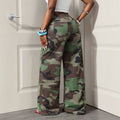 European and american style women's retro camouflage faux two-piece belted wide-leg jeans - high-waisted, floor-length cargo denim pants