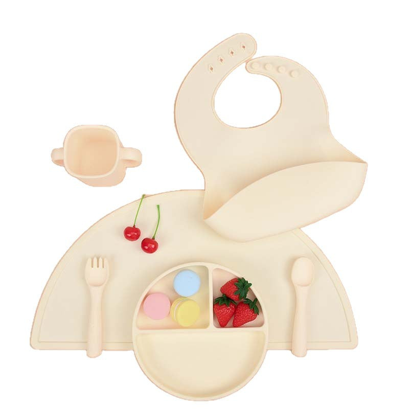 Children's food-grade silicone tableware set, baby separation plate, saliva pocket, complementary food bowl, six-piece tableware set