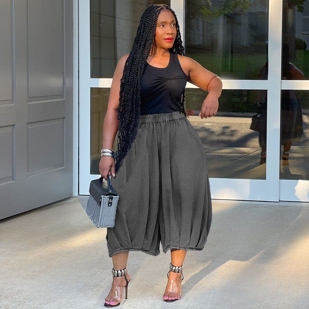 European and american style women's casual jeans -  cross-border fashion - streetwear versatile elastic waist straight wide leg capri pants