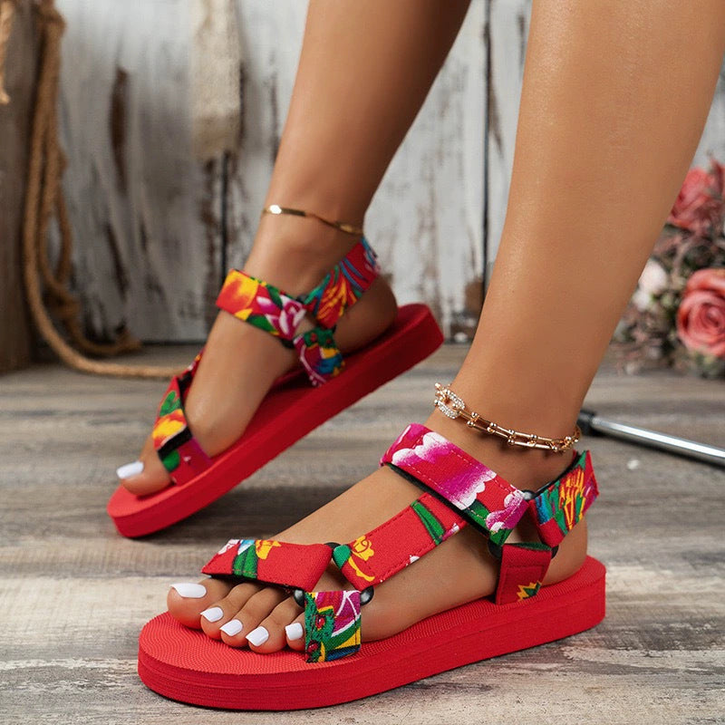summer new arrivals: chunky sole canvas ethnic style women's peep-toe color block velcro beach sandals - plus size in stock