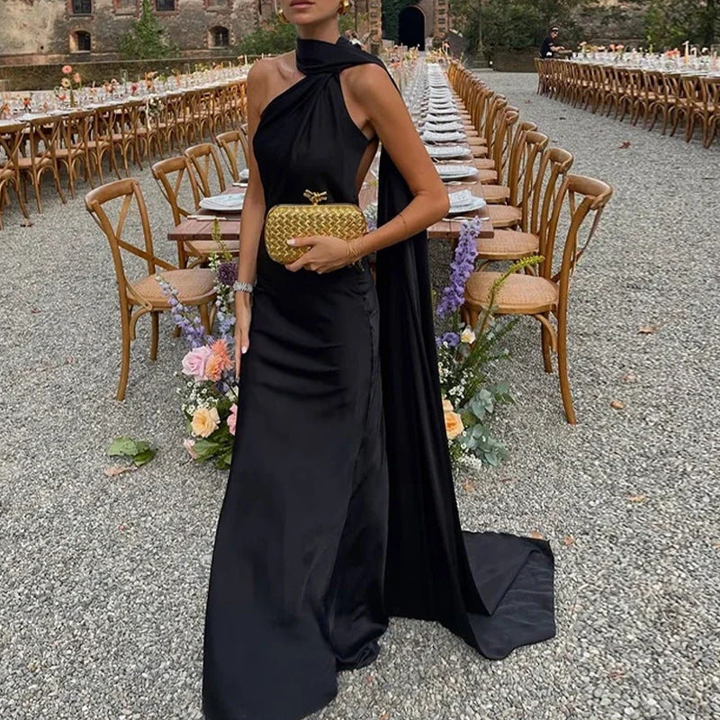 cross-border european and american women's clothing: new summer fashionable and elegant solid color dress with flowing straps