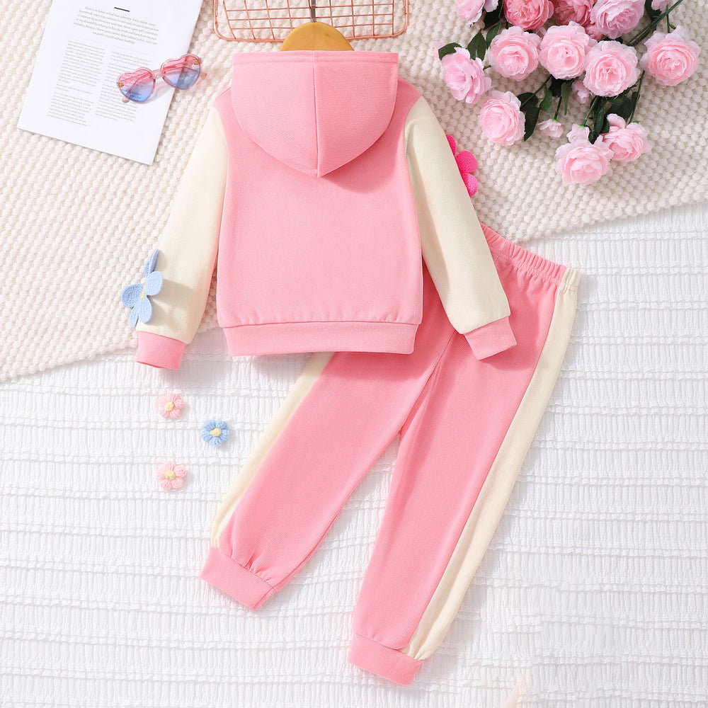 Two-piece set for young girls (elementary school age): 3d floral patchwork hooded long-sleeve sweatshirt set
