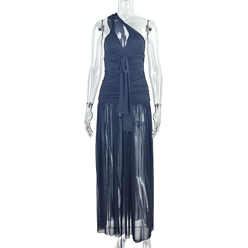 European and american style export fashion elegant women's solid color bodycon asymmetrical skirt slant neck backless slim fit long dress