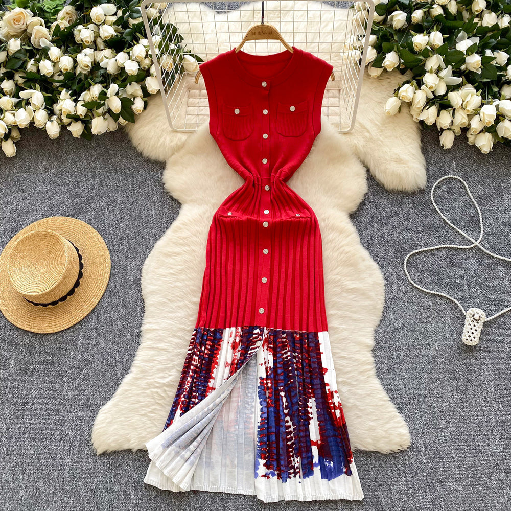 Design gradient tie-dye knit dress -  summer new arrival: elegant and chic single-breasted round neck sleeveless dress