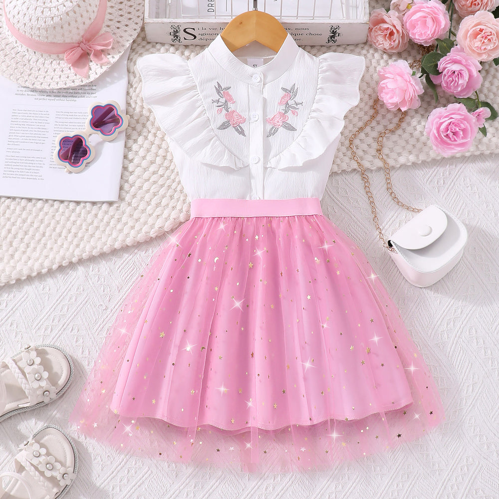 Girls' outfit set: embroidered top + skirt two-piece set