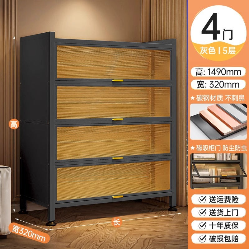 Dustproof iron art flip-door bookcase for home, living room, bedroom, multi-layer floor storage cabinet, student and children's bookshelf organizer