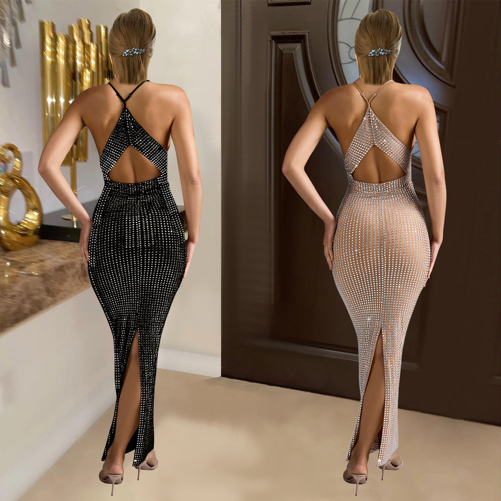 C6963 cross-border   independent station fashion women's v neck hot diamond sleeveless long skirt dress