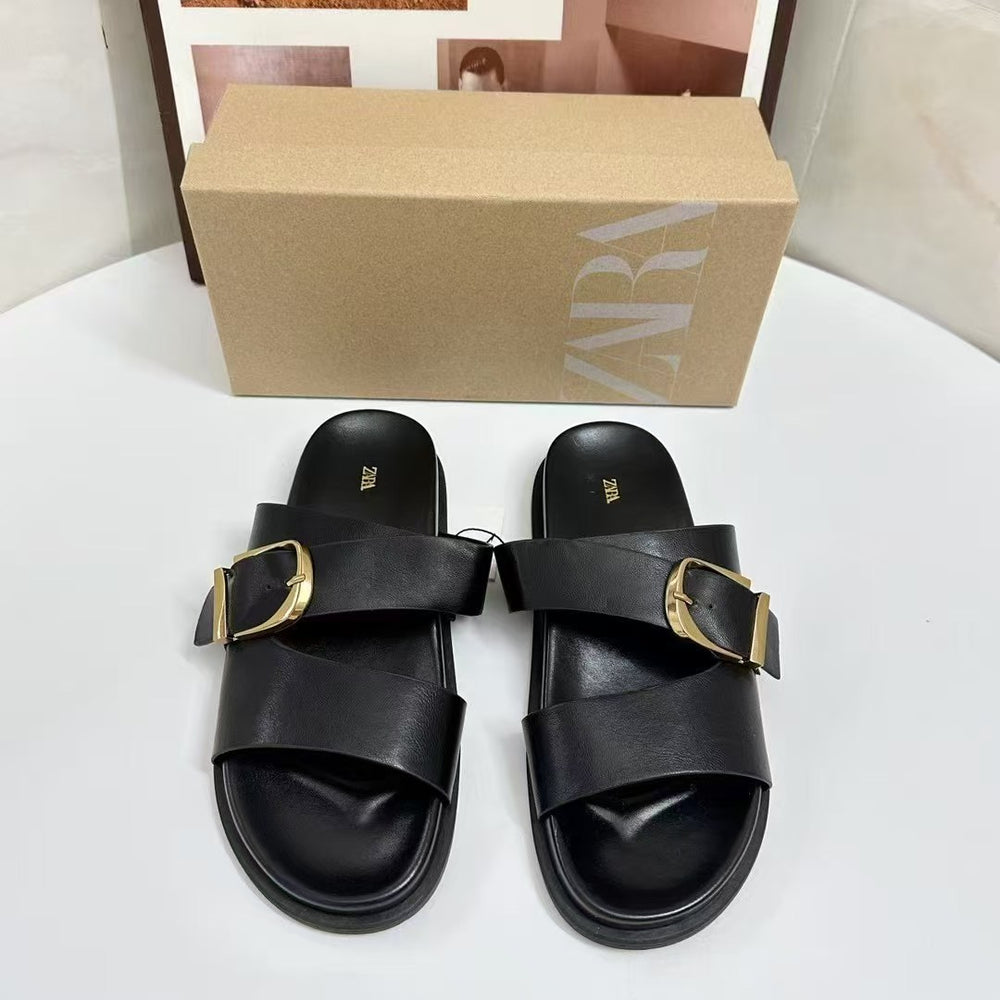 Za summer cross-border metal square buckle slippers - casual, versatile, round toe, thick sole women's slippers