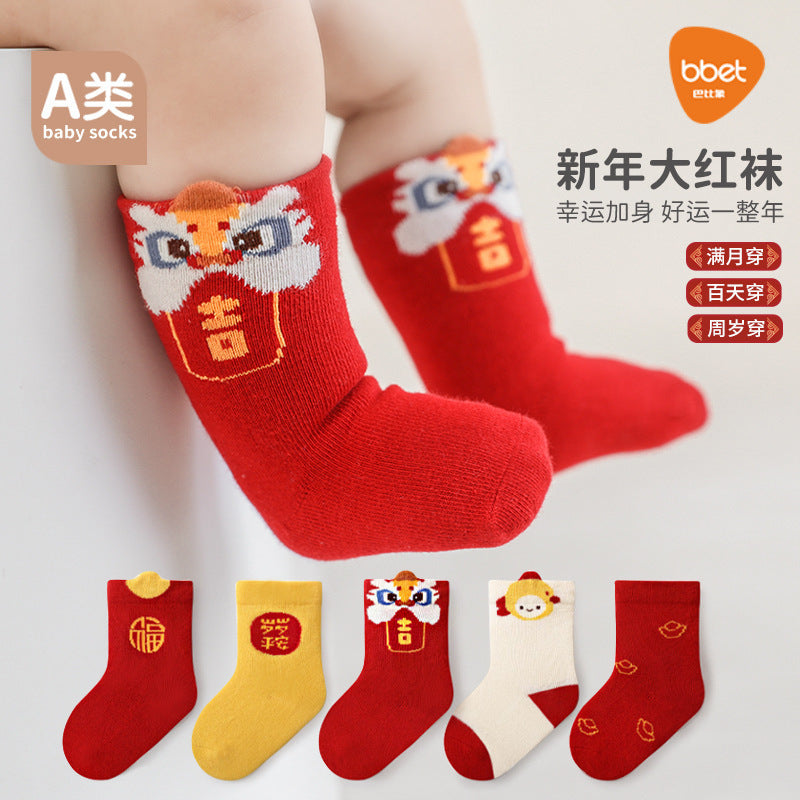 Babylon big red socks fall and winter new arrival new year's day hundred days baby knee socks combed cotton breathable newborn socks