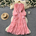 French pink bubble sleeve rhinestone dress - women's summer cinched waist ruffle tiered a-line maxi dress - elegant style