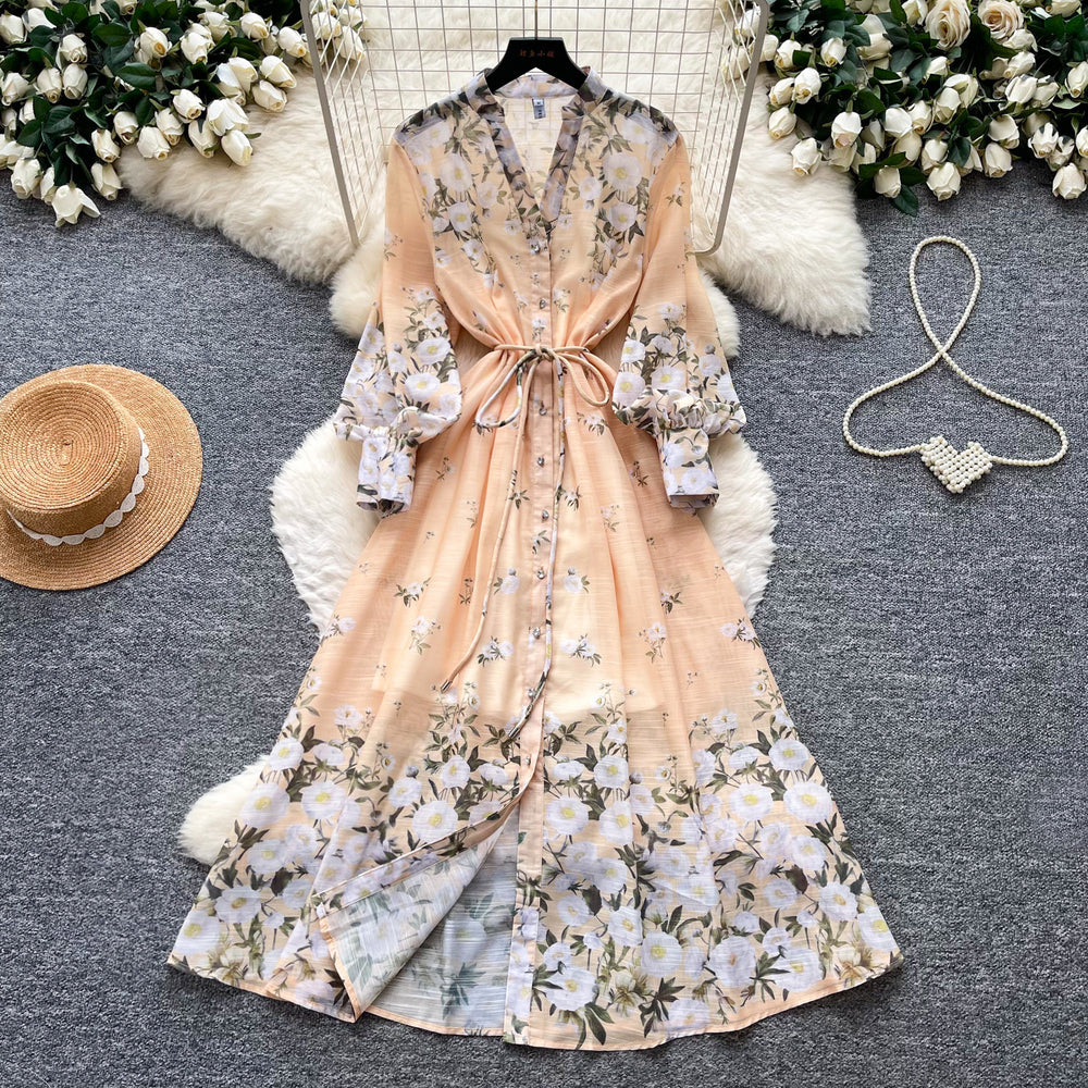 French romantic style printed slim-fit dress - women's long sleeve v-neck tie-waist maxi dress - vacation ready