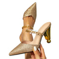 Women's gold heeled sandals - party shoes with unique heel, fashionable evening wear, metal chain detail