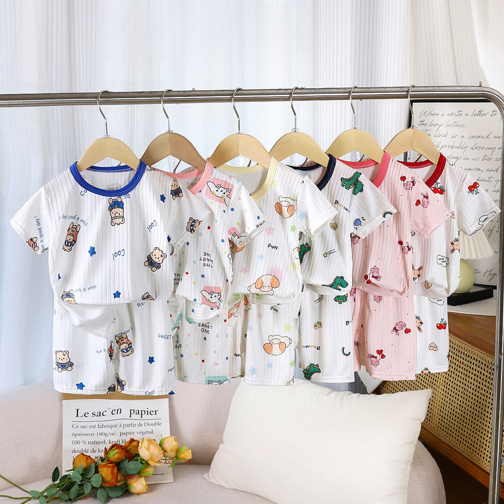 Summer kids' ice silk short sleeve and shorts set - lightweight air conditioning clothing for boys and girls - wholesale baby pajamas and loungewear