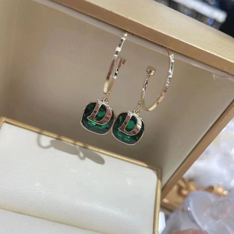 New trendy niche design d letter earrings for women, 925 sterling silver needle, elegant green stud earrings, wholesale ear jewelry