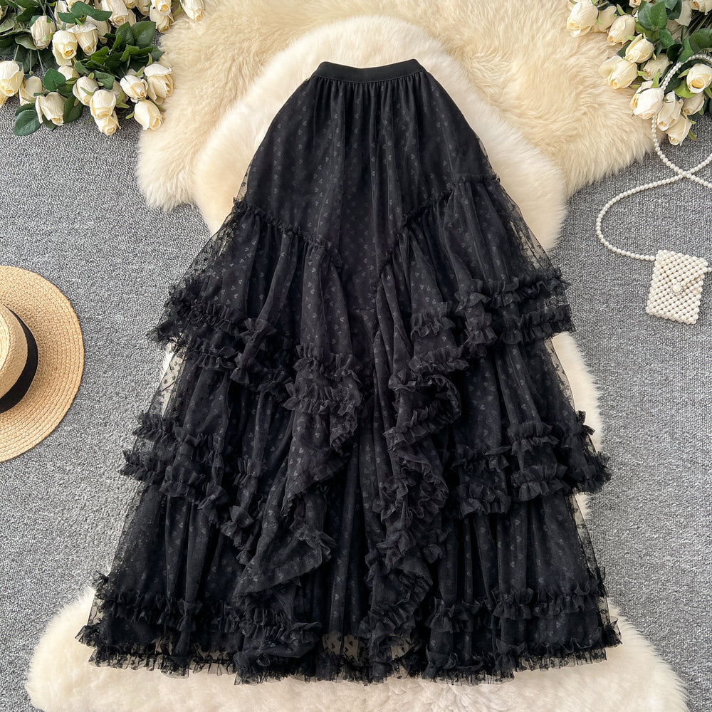 Ethereal midi skirt -  early spring new arrival: soft & elegant, slimming, heart-shaped mesh, asymmetrical flared skirt