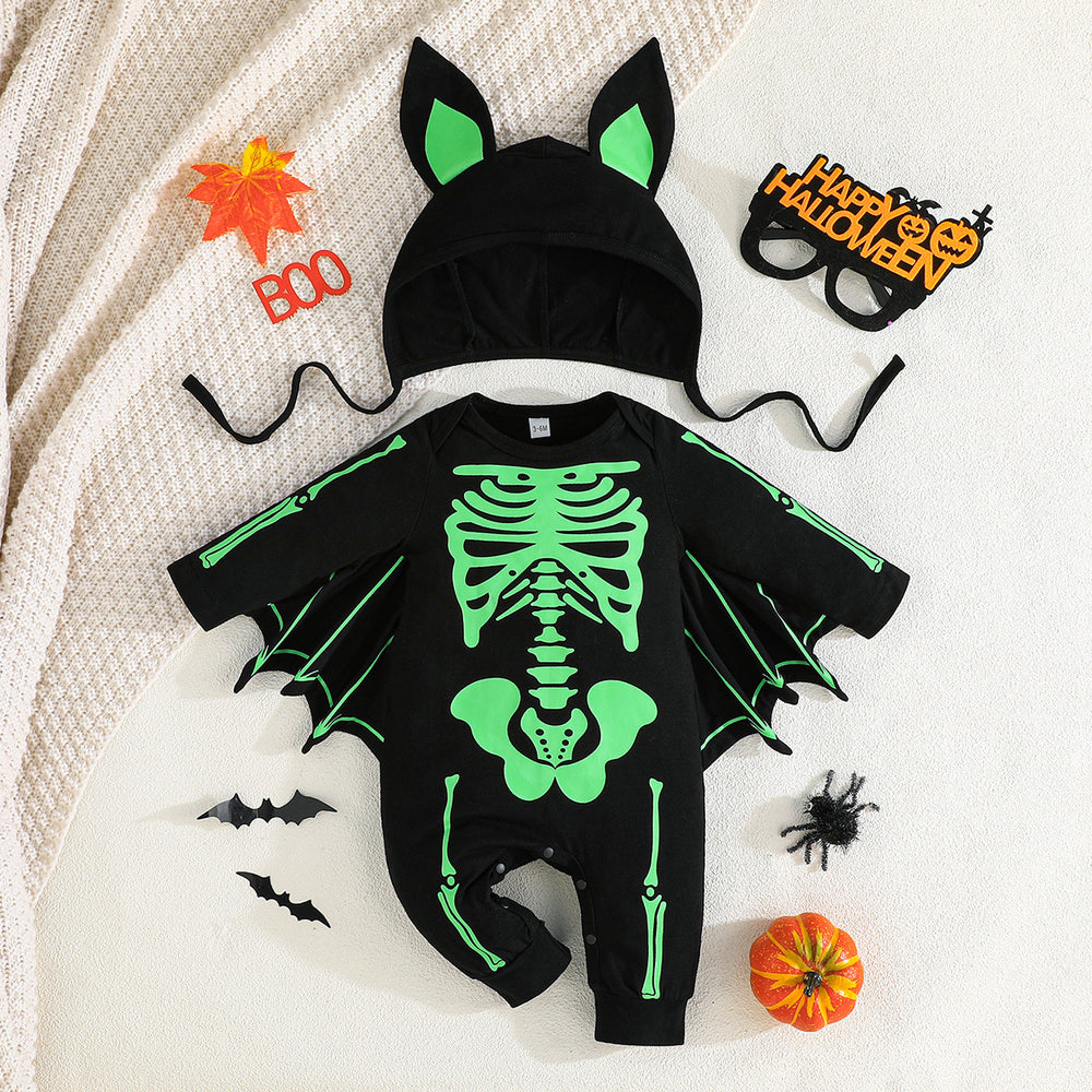 new halloween baby costume: skeleton & bat long-sleeve romper with hat
