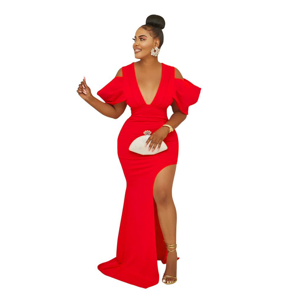 C6637 cross-border   fashion women's solid color v-neck ruched high-slit maxi dress
