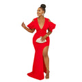 C6637 cross-border   fashion women's solid color v-neck ruched high-slit maxi dress