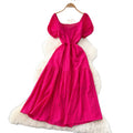 French chic embroidered cutout square neck puff sleeve dress - women's slimming, figure-flattering, elegant vacation maxi dress