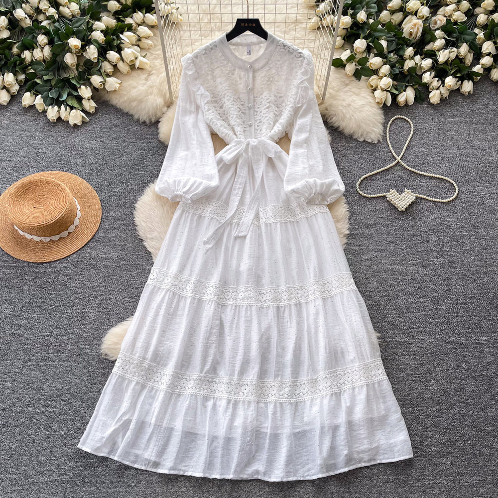 Frenchretro style lacepatchworkdress women's spring long k-style sleeve waist a-line skirt elegant over-the-knee long skirt