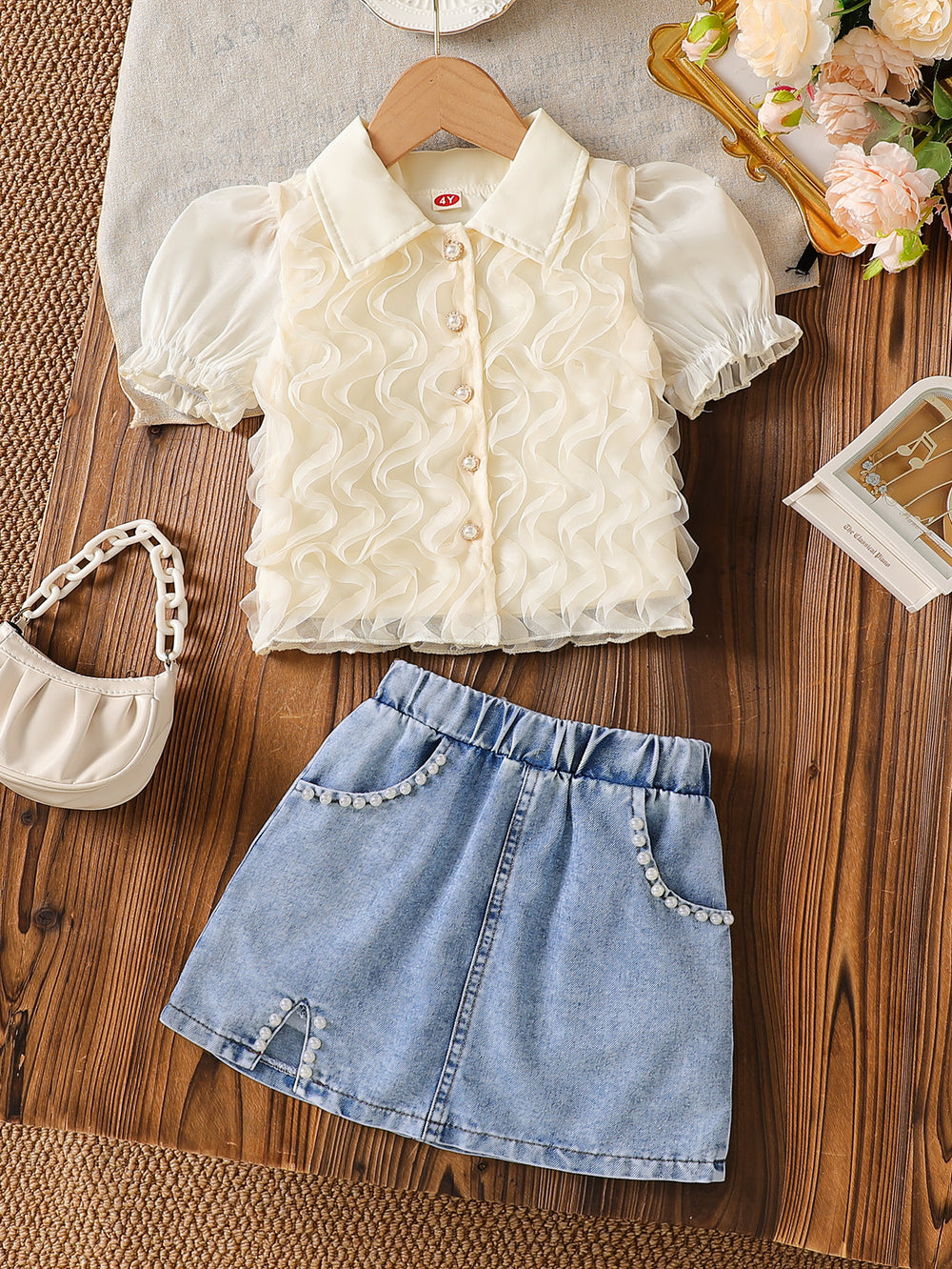 hot selling girls' 3d wave top + beaded heavy-duty washed denim mini skirt two-piece set
