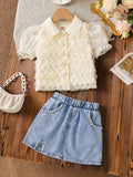 hot selling girls' 3d wave top + beaded heavy-duty washed denim mini skirt two-piece set